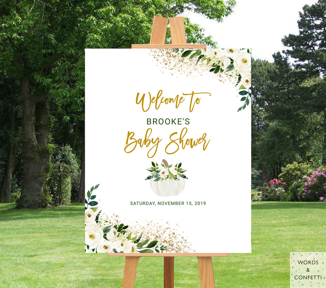White & Gold Pumpkin Baby Shower Welcome Sign