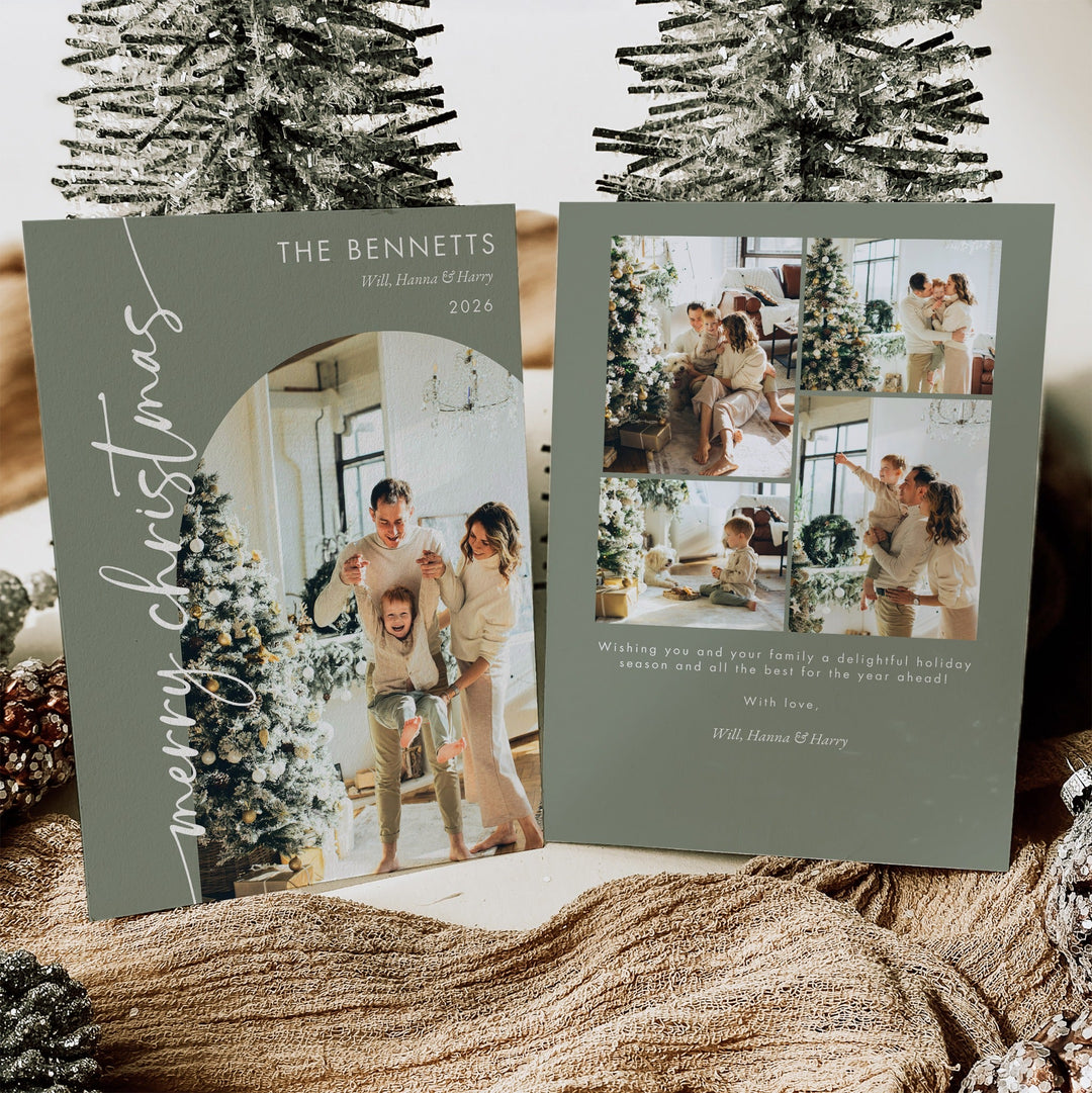 Front and back of a sage green Christmas photo card with white Merry Christmas script, family photos, and a personalized 2026 greeting.