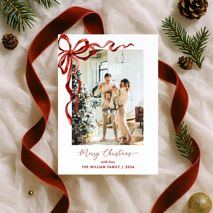 Coquette Red Bow Christmas Photo Card Template