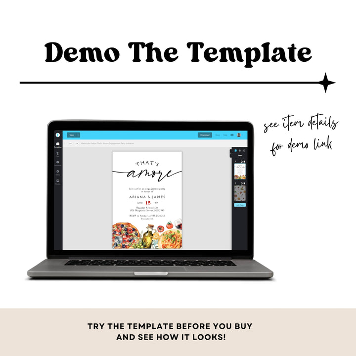Laptop displaying a wedding invitation template on a white background with text encouraging users to try the template.