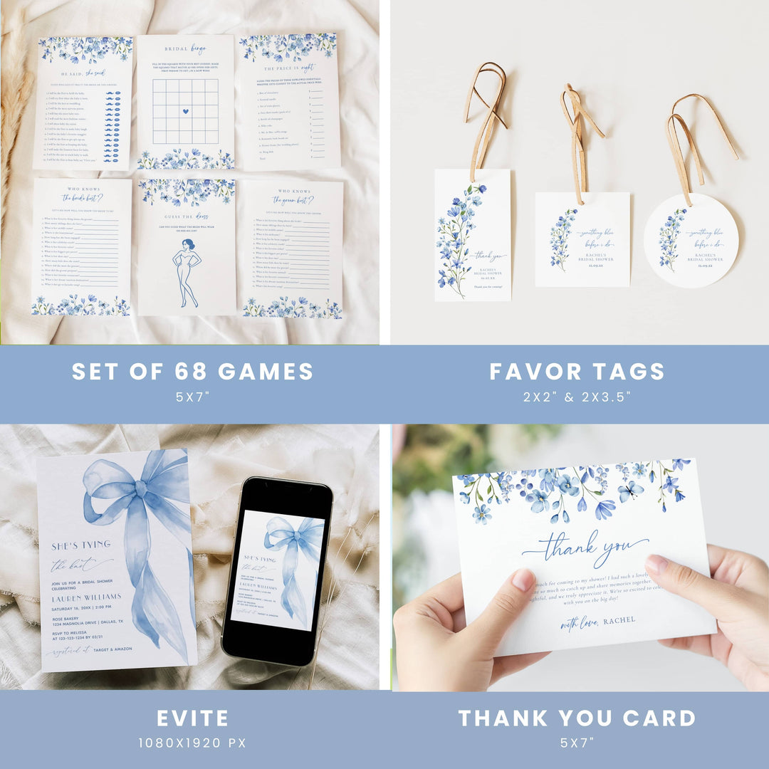 BLUE WILDFLOWER Bridal Shower Bundle – Invitations, Games, Decorations & More!