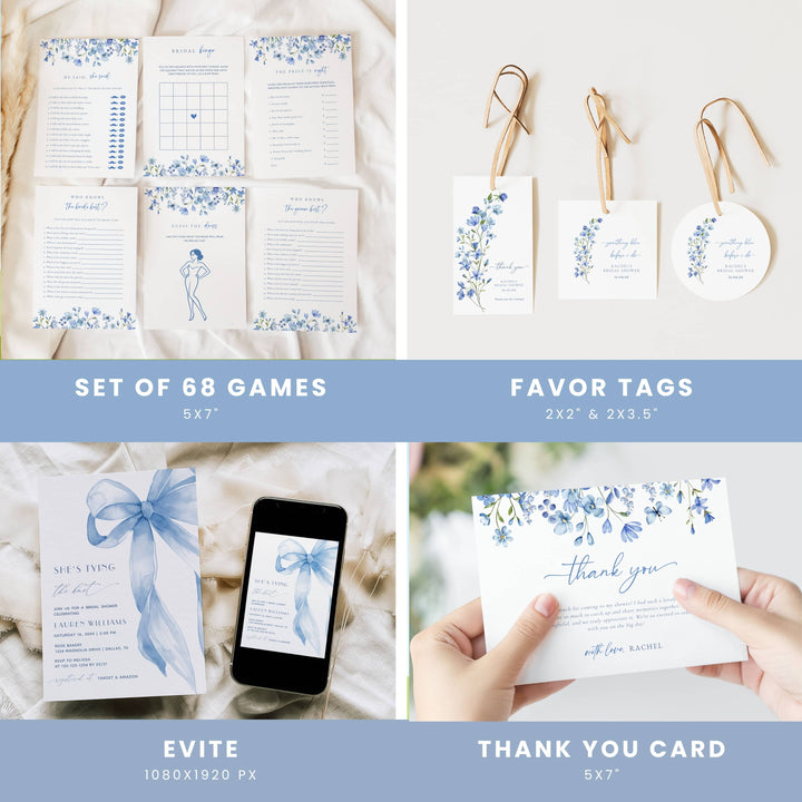 BLUE WILDFLOWER Bridal Shower Bundle – Invitations, Games, Decorations & More!