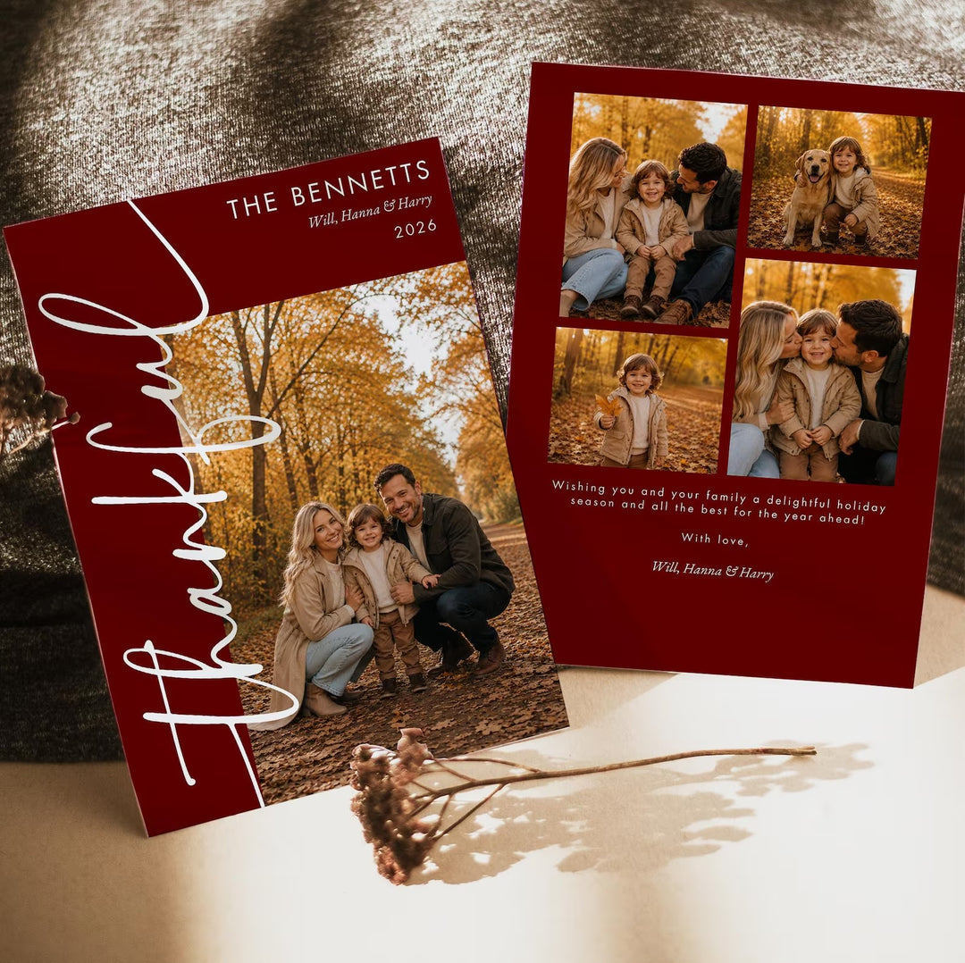 Front and back of a burgundy Thankful holiday card with a family photo and four-photo collage.