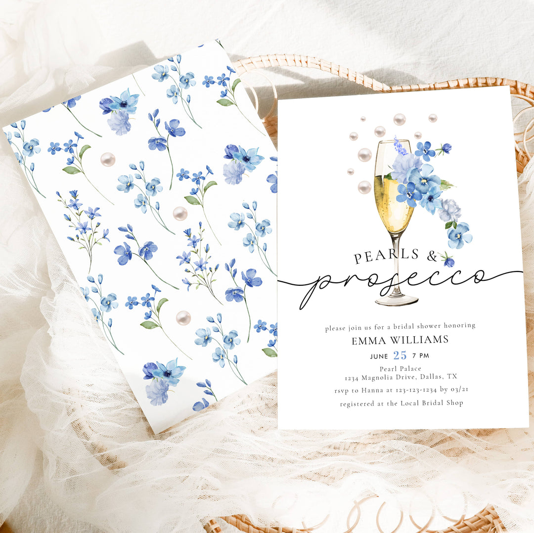 DUSTY BLUE PEARLS & PROSECCO Bridal Shower Invitation