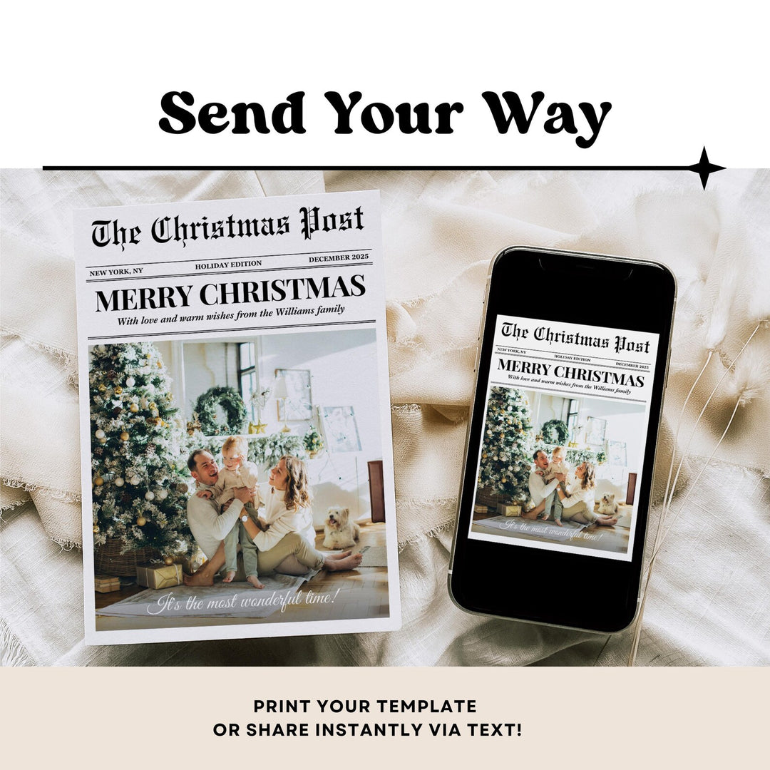 Newspaper Christmas photo card displayed as a printed card and on a smartphone for digital holiday greetings.