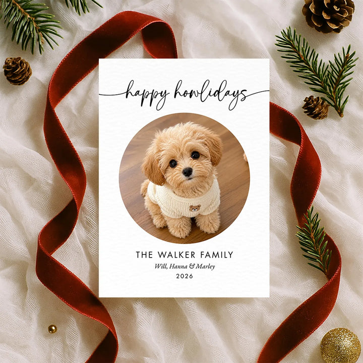 Minimalist dog photo Christmas card with red velvet ribbon and pine