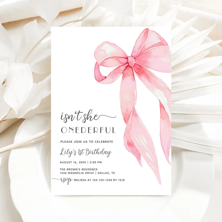 PINK BOW Onederful 1st Birthday Invitation