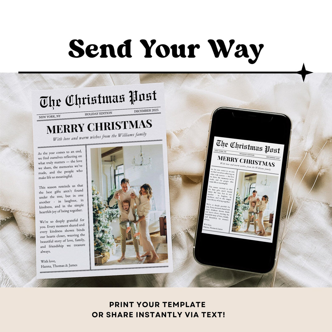 The Christmas Post family photo card displayed in print and on a smartphone for digital Christmas greetings.