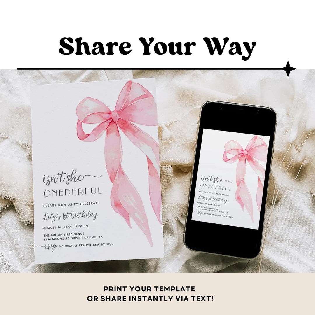 PINK BOW Onederful 1st Birthday Invitation