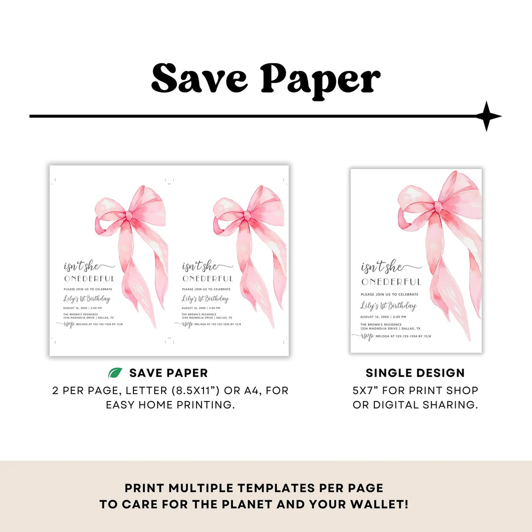 PINK BOW Onederful 1st Birthday Invitation