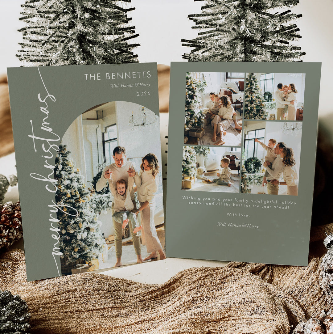 Front and back of a sage green Christmas photo card with white Merry Christmas script, family photos, and a personalized 2026 greeting.