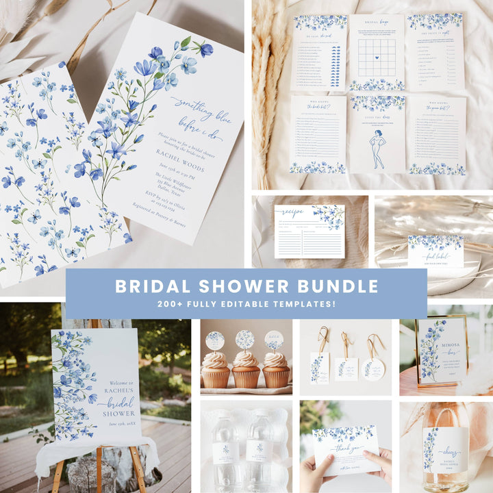 BLUE WILDFLOWER Bridal Shower Bundle – Invitations, Games, Decorations & More!