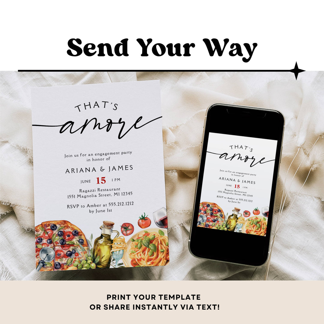 Invitation card with food illustrations and smartphone displaying the same invitation on a soft fabric background.