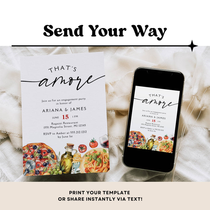Invitation card with food illustrations and smartphone displaying the same invitation on a soft fabric background.