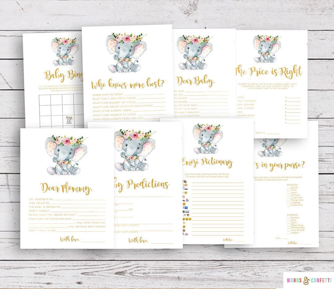 Baby Shower Games Elephant, Baby Shower Games Printable, Floral, Girl Baby Shower Games, Baby Bingo, Who Knows Mom Best, Wishes For Baby