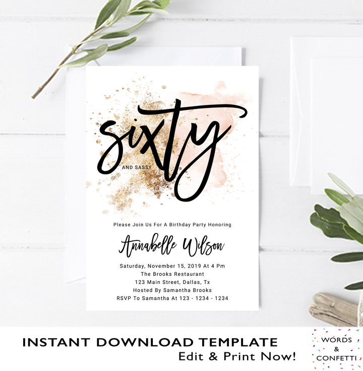 Sixty And Sassy, Sixty Birthday Invitation, 60th Birthday Invitations For Women, Invitations Printable, Birthday Party Invites, Template