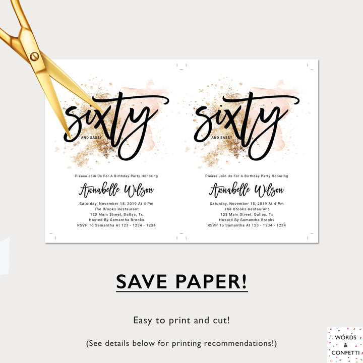 Sixty And Sassy, 60th Birthday Invitations Template, 100% Editable